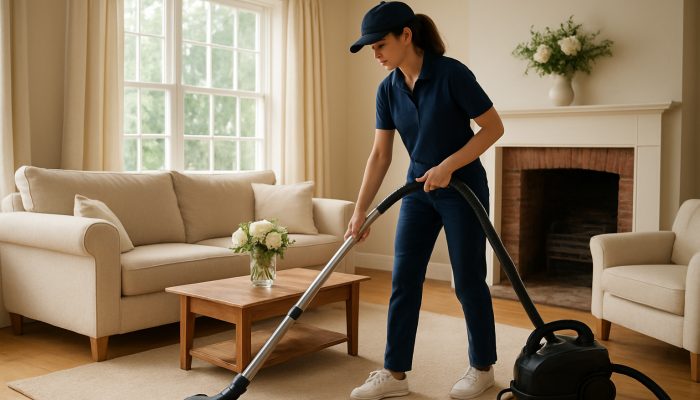 Professional cleaner vacuuming a bright living room in a welcoming Martock cottage adorned with fresh flowers.