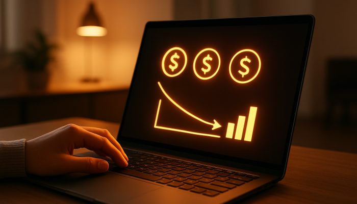 Hands configuring automatic extra payments on laptop, with a declining debt graph in a modern office