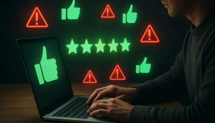 Individual at laptop reviewing positive Trustpilot feedback with green thumbs-ups and red warning icons for banking reliability.