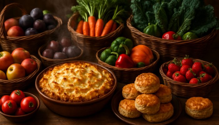 Rustic table featuring hot shepherd’s pie, golden scones, and baskets of British seasonal fruits and vegetables.