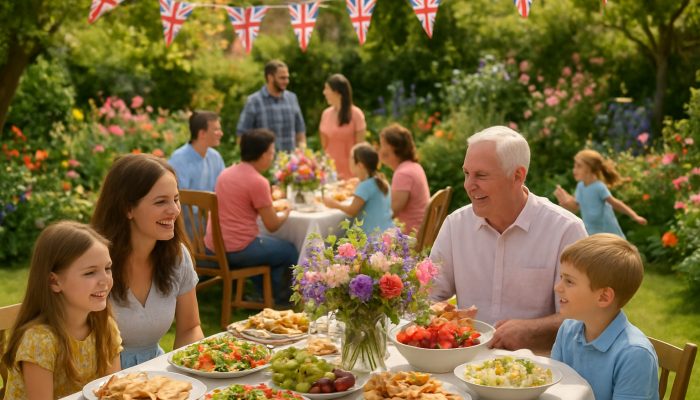 Families enjoying a lively British garden party with floral centrepieces and catering platters for milestone celebrations.