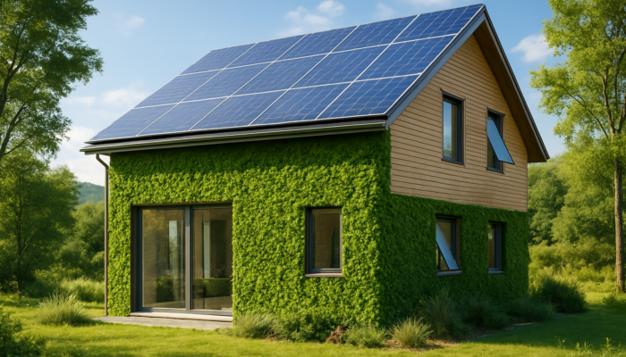 Modern eco-friendly house featuring solar panels, green walls, and smart windows in a serene landscape.