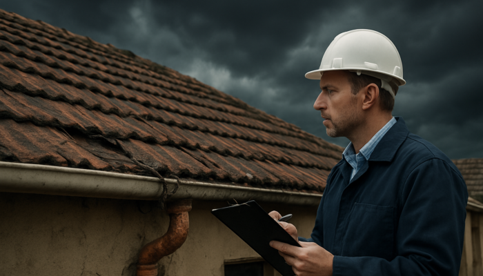 Professional inspector assessing a cracked roof and exposed wiring on an older home in Springs under cloudy skies.