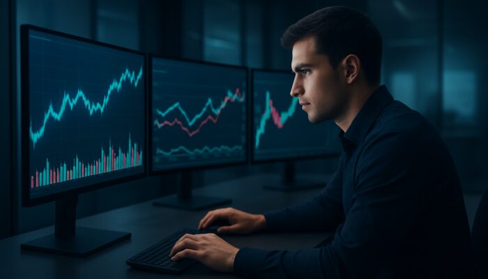 Concentrated trader monitors filtered crypto and stock alerts on glowing screens with dynamic charts.