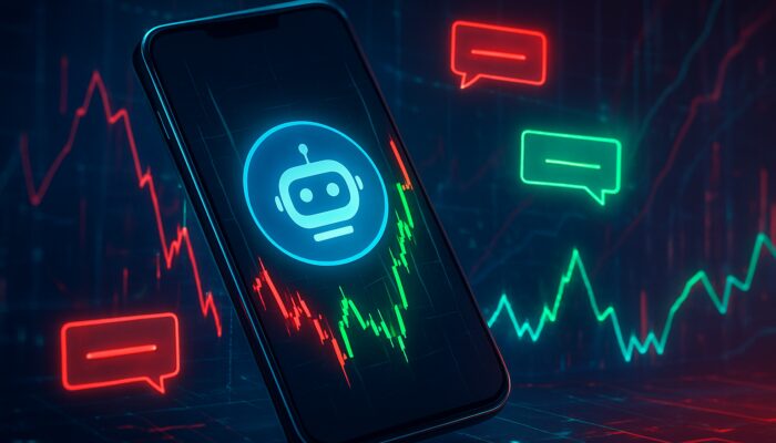Sleek smartphone showing Telegram bot trading alerts with flashing green-red charts in cyberpunk style.