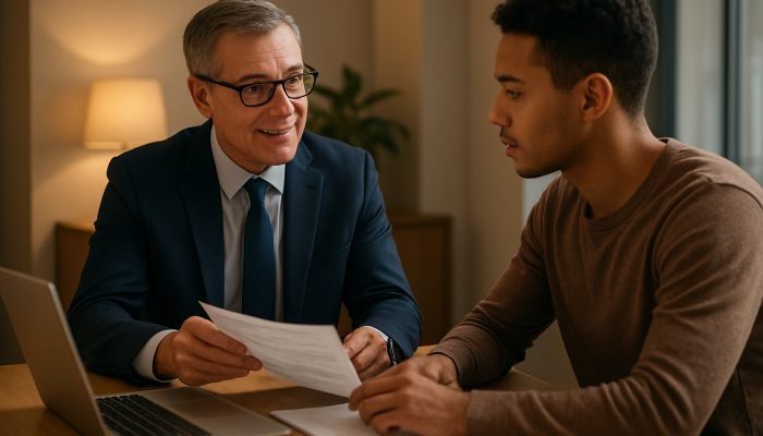 Combining Debts When You Work Gig Jobs: Practical Advice | DCL Financial advisor in the UK guiding a gig worker through debt consolidation paperwork in a contemporary office.