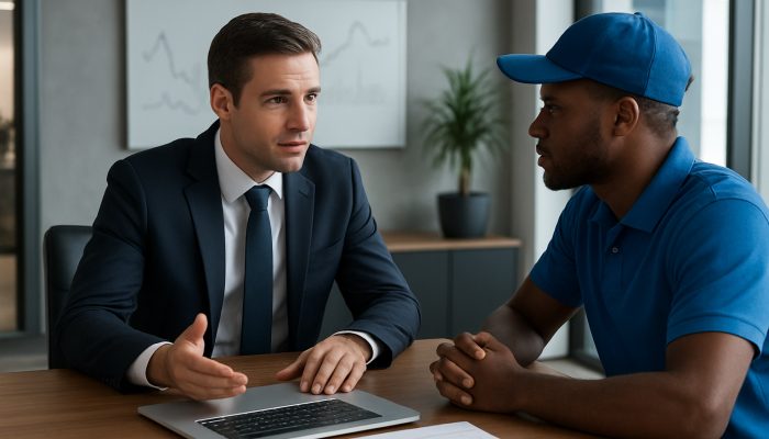 Combining Debts When You Work Gig Jobs: Practical Advice | DCL British financial advisor reviewing earnings data with a delivery driver in a modern office for debt consolidation advice.