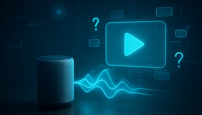 Futuristic smart speaker emitting voice waves to a floating screen titled "How Can I Cook Healthy Meals Quickly?"