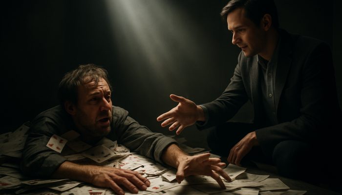 Desperate gambler buried in cards and loans reaching for a counsellor’s helping hand in a shadowy room