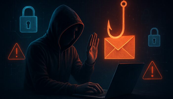 User protecting laptop from phishing email scam with digital locks and security notifications