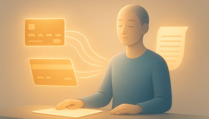 Calm figure merging glowing credit cards and overdraft statements into one streamlined account illustration