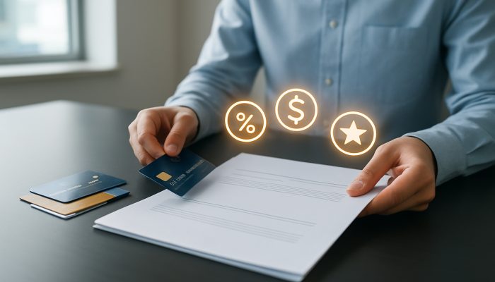 Individual consolidating credit cards and bills into one loan document on a modern desk with rewards icons.