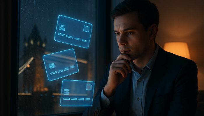 Young professional examining holographic credit cards in London apartment overlooking Big Ben at night.