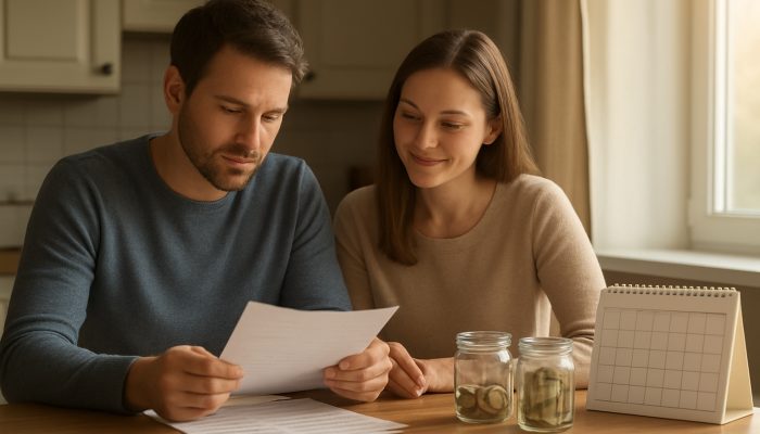 British couple reviewing loan documents at kitchen table with debt-free calendar and savings jars in morning light.