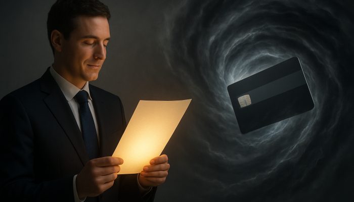 When a Loan Beats Shifting to Another Card: Smart Choices | DCL Calm borrower with a glowing 3-7% fixed loan document next to a tumultuous credit card in a stormy 20% APR vortex.