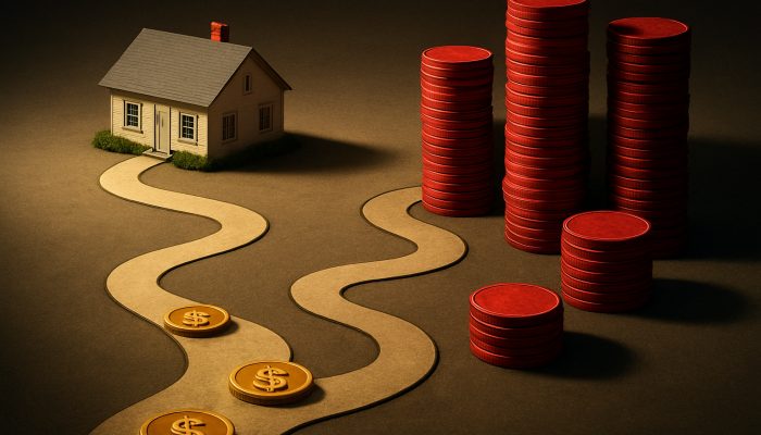 Suburban house on a timeline contrasting short low-interest mortgage path with a long path submerged in red stacks of interest.