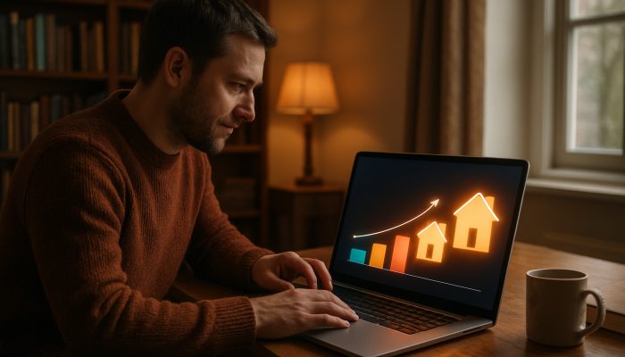 Homeowner examining vibrant UK mortgage calculator charts on a laptop in a comfortable study.
