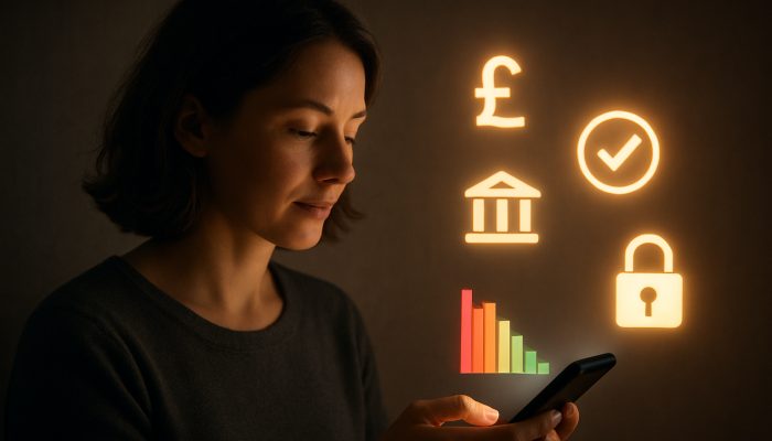 Blocking Apps and Sites During a Debt Plan: Essential Advice | DCL Person examining smartphone with UK debt management apps, banking links, and colourful spending graphs reflecting financial freedom.